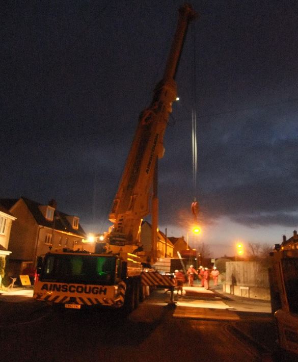 The 500-ton crane in place on Station Road on the evening of March 21st